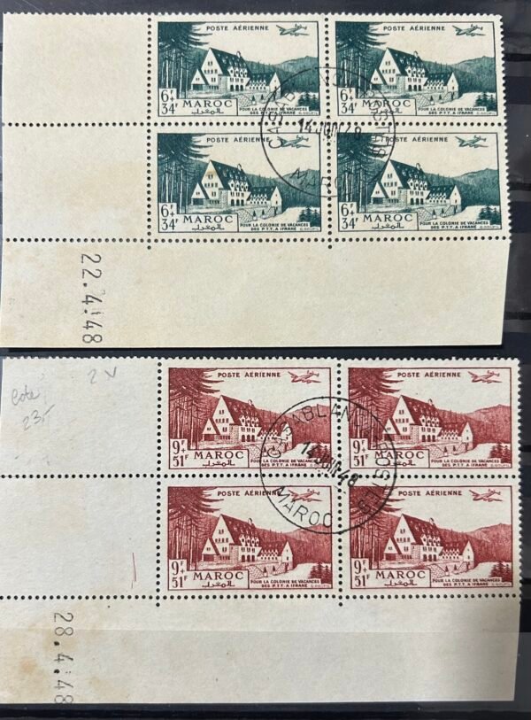 Maroc – N° 68 - 69 – Série complète de Bloc de 4 Timbres – Année 1948 – Cote 24 €.